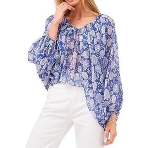 Vince Camuto Blouse Size XXS Ballon Sleeve Floral Pullover Peplum NEW